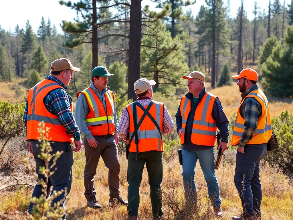 A group of hunters participating in a guided deer hunt in a forest clearing, wearing appropriate safety gear and accompanied by experienced guides.