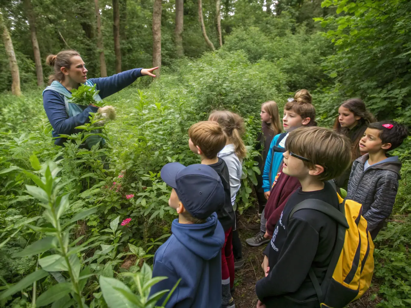 A group of children learning about wildlife and conservation from an AMICALE DES CHASSEURS DE SAINT JEAN LE BLANC member.