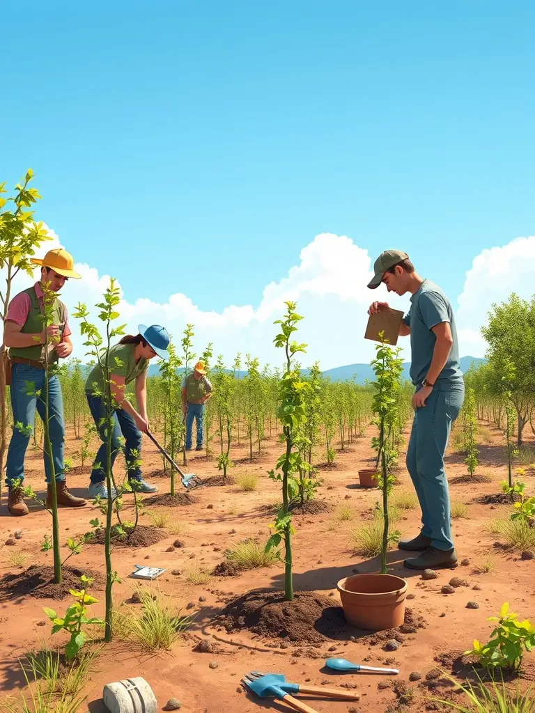 Hunters planting trees in a deforested area, contributing to habitat restoration and environmental conservation. The image should emphasize the positive impact of hunting associations on the environment.