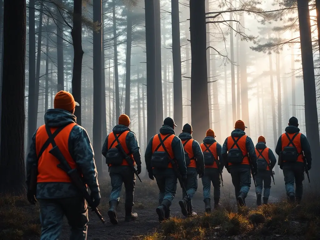 A group of hunters participating in a guided hunt in a forest, focusing on safety and ethical hunting practices.