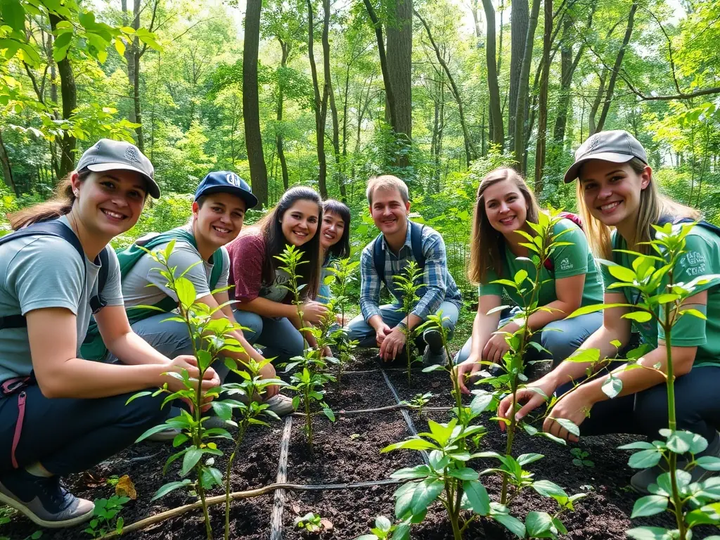 Volunteers planting trees in a deforested area, illustrating the organization's commitment to habitat restoration.