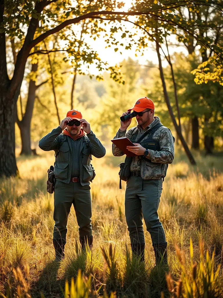 A group of hunters participating in a wildlife census, using binoculars and notebooks to record animal sightings in a natural habitat. The image should convey a sense of scientific observation and conservation effort.
