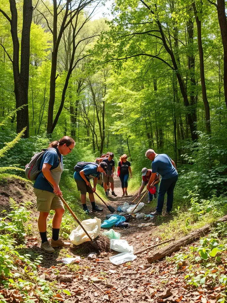 A group of volunteers cleaning up a forest area, removing litter and debris to maintain a healthy environment for wildlife. The image should highlight the organization's commitment to environmental stewardship and community involvement.