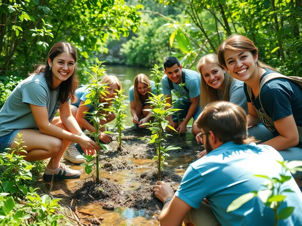 Volunteers planting trees and shrubs in a deforested area, contributing to habitat restoration and biodiversity enhancement.